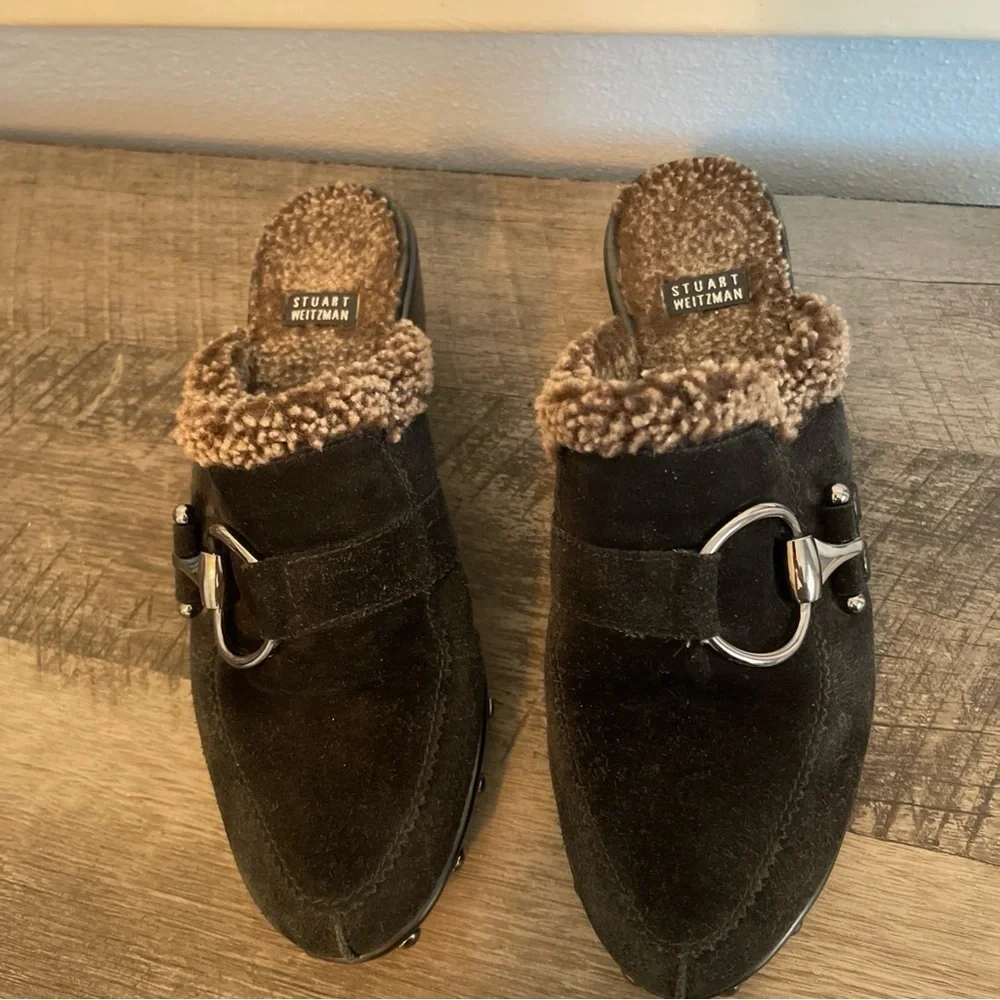 Stuart Weitzman Black Suede Mules with Brown Fur size 7M